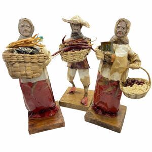 Folk Art  Farmers Market Sculptures Papier Mache Old Time Figurine 3 Pc Vintage